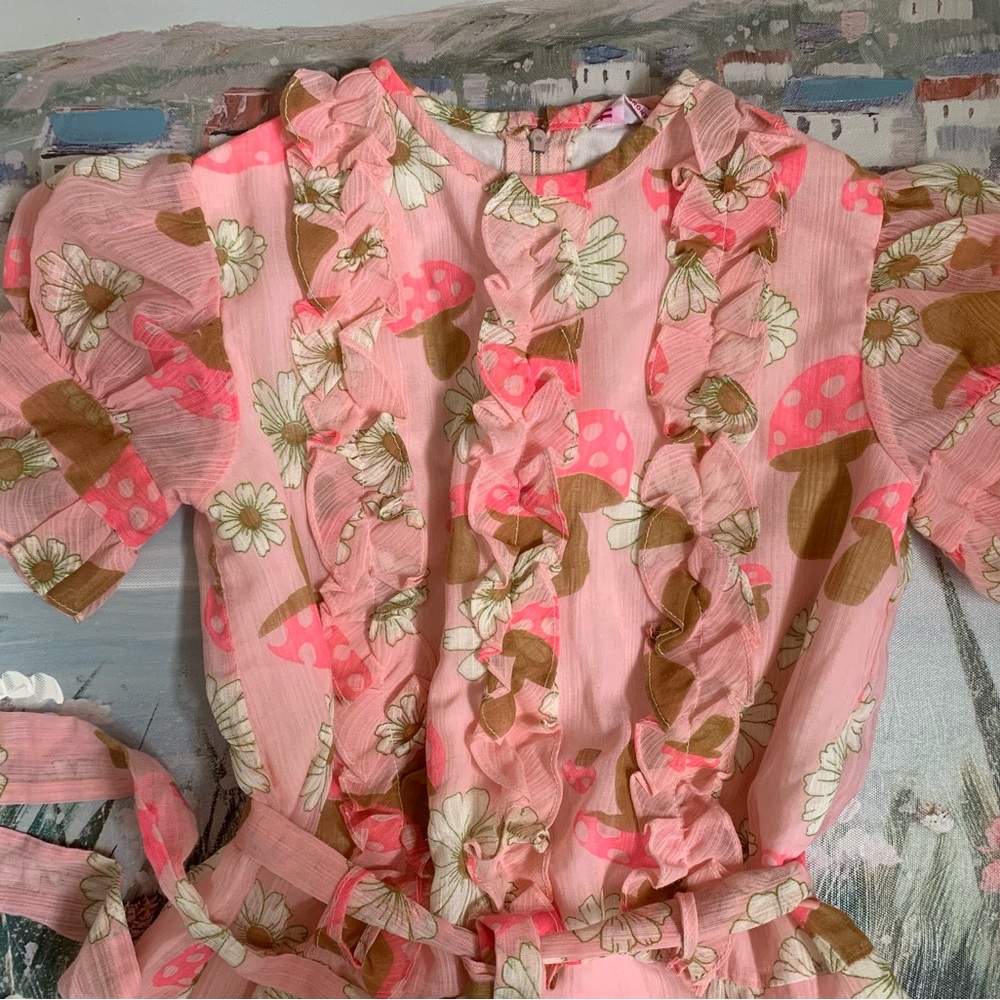 Easter Spring Pink Girls Dress Ruffles Mushroom Print Vintage 🐣🌷🐇🍄